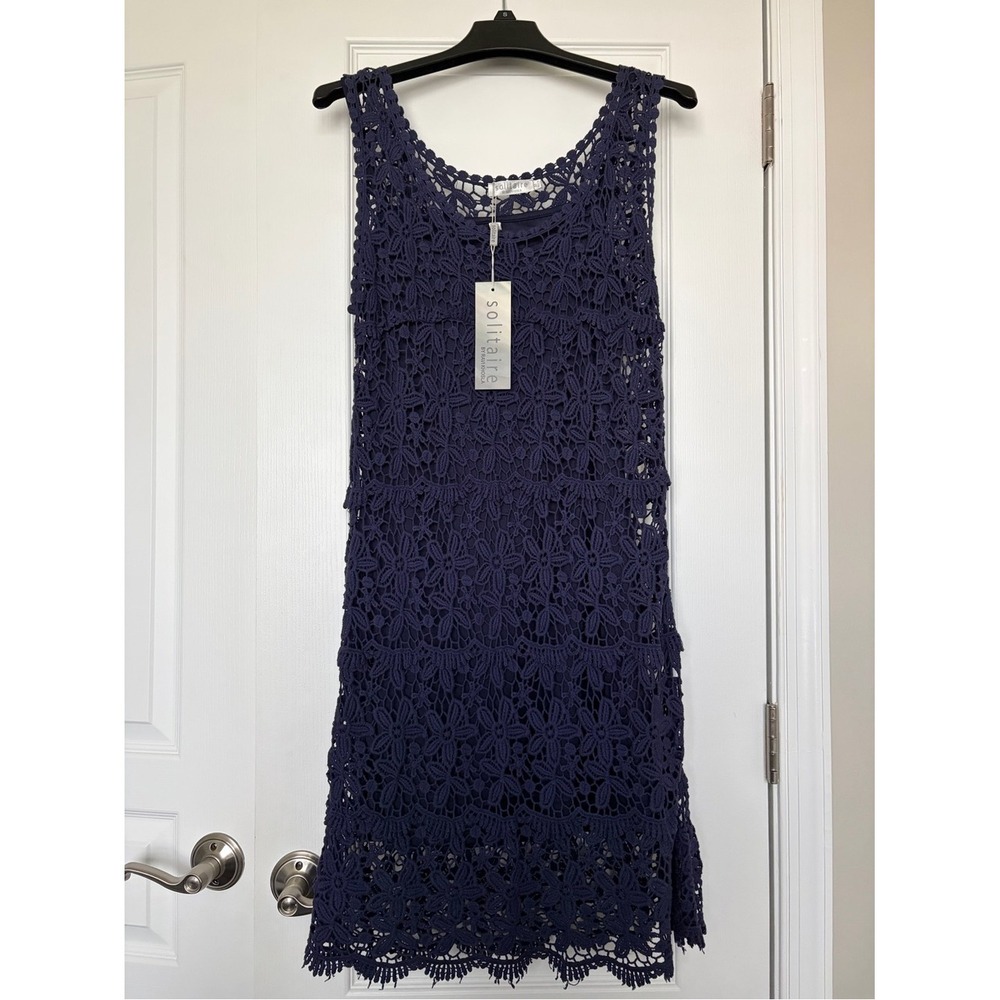 Solitaire by Ravi Khosla Navy Blue Floral Crochet‎ Tiered Sleeveless Dress NWT M